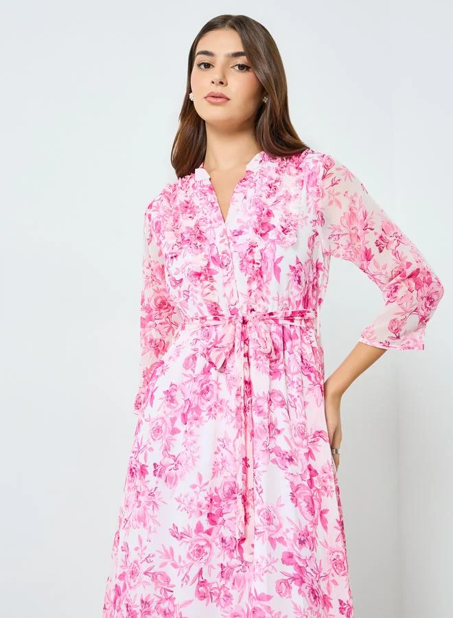 ستايلي فستان طويل شيفون بطبعة زهور وأكمام 3